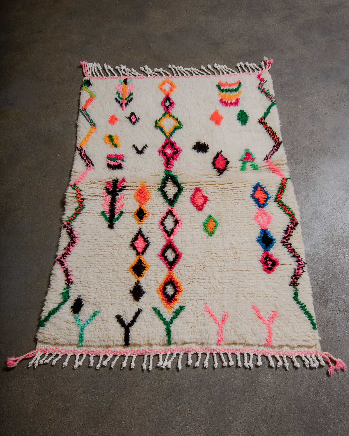 Colorful patterned rug on a gray floor